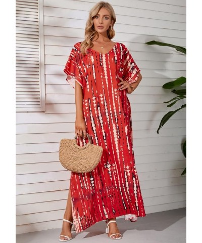 Summer Beach Maxi Dress Print Loose Fit Caftan Dress Plus Size Swimsuit Cover Ups Red $10.25 Swimsuits