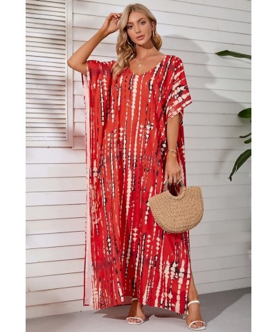 Summer Beach Maxi Dress Print Loose Fit Caftan Dress Plus Size Swimsuit Cover Ups Red $10.25 Swimsuits