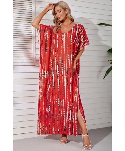 Summer Beach Maxi Dress Print Loose Fit Caftan Dress Plus Size Swimsuit Cover Ups Red $10.25 Swimsuits