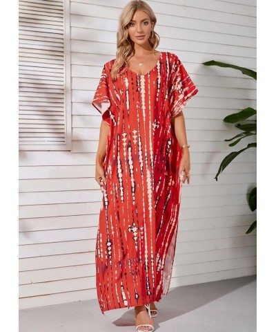 Summer Beach Maxi Dress Print Loose Fit Caftan Dress Plus Size Swimsuit Cover Ups Red $10.25 Swimsuits