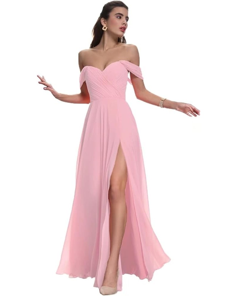 Off Shoulder Chiffon Bridesmaid Dresses with Slit Long Sexy Pleated Formal Dresses with Pockets for Women YMX62 Pink $28.14 D...