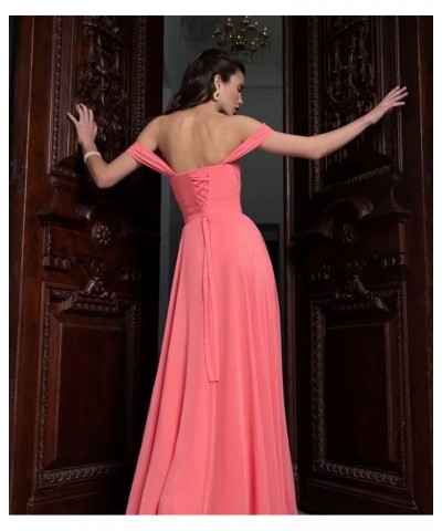 Off Shoulder Chiffon Bridesmaid Dresses with Slit Long Sexy Pleated Formal Dresses with Pockets for Women YMX62 Pink $28.14 D...