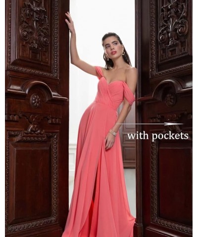 Off Shoulder Chiffon Bridesmaid Dresses with Slit Long Sexy Pleated Formal Dresses with Pockets for Women YMX62 Pink $28.14 D...