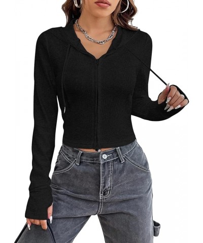 Women Zip Up Drawstring Hoodie Solid Knit Sweatshirt Fitted Crop Tops Black $12.71 Hoodies & Sweatshirts