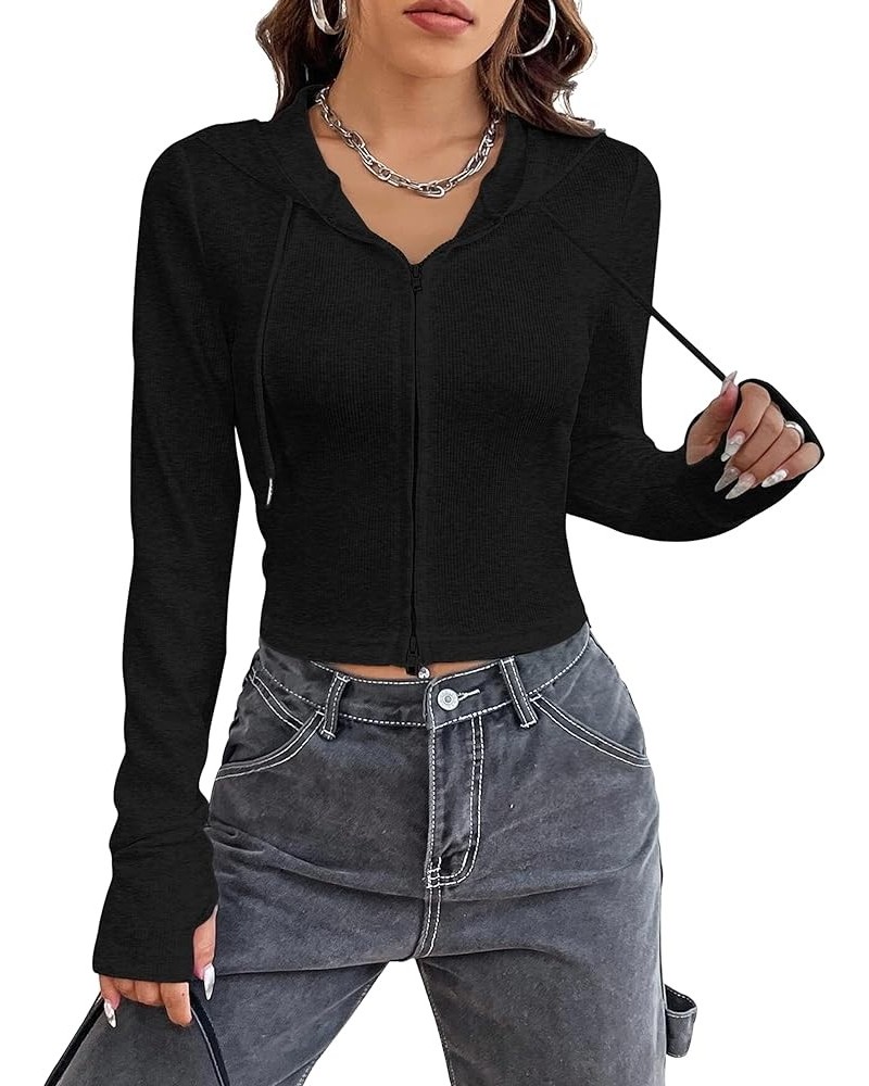 Women Zip Up Drawstring Hoodie Solid Knit Sweatshirt Fitted Crop Tops Black $12.71 Hoodies & Sweatshirts