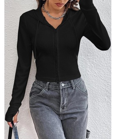 Women Zip Up Drawstring Hoodie Solid Knit Sweatshirt Fitted Crop Tops Black $12.71 Hoodies & Sweatshirts