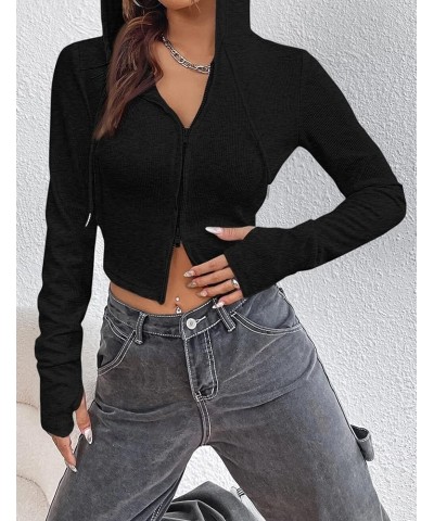 Women Zip Up Drawstring Hoodie Solid Knit Sweatshirt Fitted Crop Tops Black $12.71 Hoodies & Sweatshirts