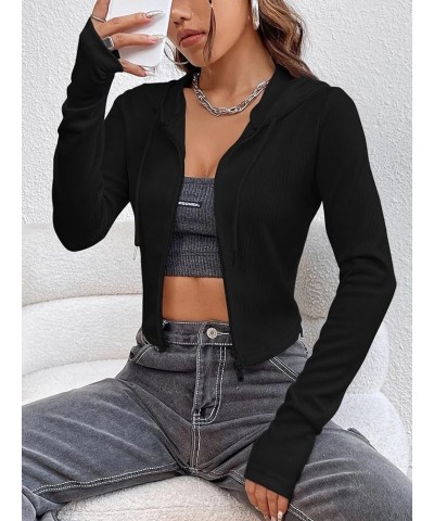 Women Zip Up Drawstring Hoodie Solid Knit Sweatshirt Fitted Crop Tops Black $12.71 Hoodies & Sweatshirts