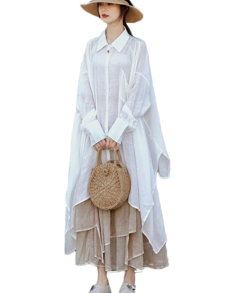 Women's Casual Cotton Linen High Low Irregular Hem Plus Size Long Button Down Shirt Dresses White $28.83 Blouses