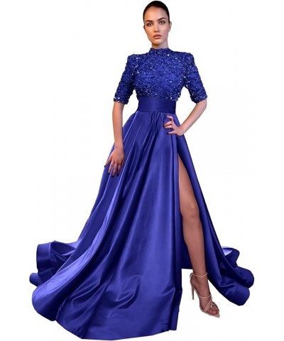 Sparkly Sequin Prom Dresses for Women Slit 2024 Half Sleeve Satin Long Ball Gown Formal Evening Gowns Royal Blue $41.24 Dresses