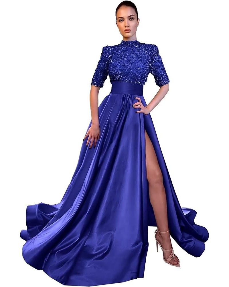 Sparkly Sequin Prom Dresses for Women Slit 2024 Half Sleeve Satin Long Ball Gown Formal Evening Gowns Royal Blue $41.24 Dresses