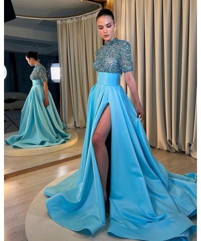 Sparkly Sequin Prom Dresses for Women Slit 2024 Half Sleeve Satin Long Ball Gown Formal Evening Gowns Royal Blue $41.24 Dresses