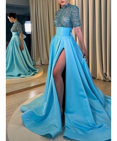 Sparkly Sequin Prom Dresses for Women Slit 2024 Half Sleeve Satin Long Ball Gown Formal Evening Gowns Royal Blue $41.24 Dresses