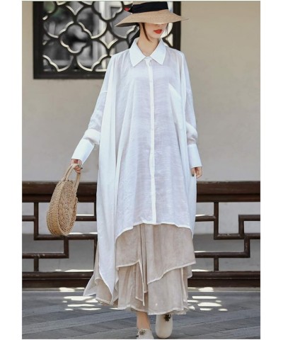 Women's Casual Cotton Linen High Low Irregular Hem Plus Size Long Button Down Shirt Dresses White $28.83 Blouses