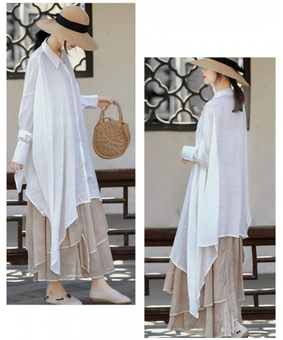 Women's Casual Cotton Linen High Low Irregular Hem Plus Size Long Button Down Shirt Dresses White $28.83 Blouses