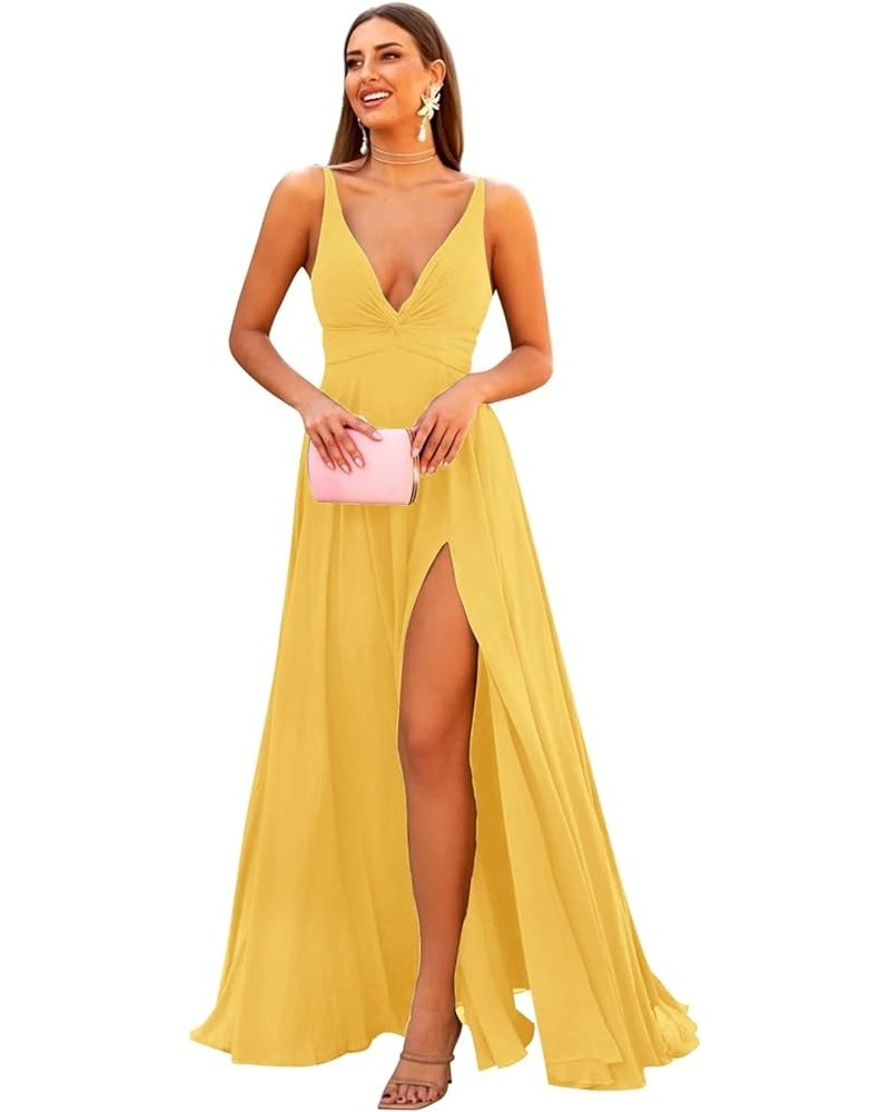 Deep V Neck Chiffon Bridesmaid Dresses with Slit Pockets Long Twisted Front Formal Evening Prom Dress Mustard Yellow $22.14 D...