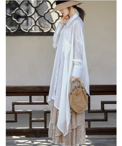 Women's Casual Cotton Linen High Low Irregular Hem Plus Size Long Button Down Shirt Dresses White $28.83 Blouses