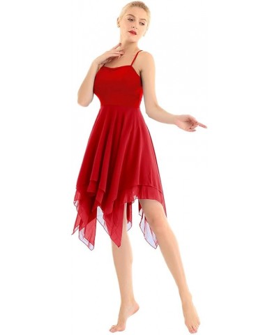 Women's Lyrical Asymmetric Chiffon Ballet Dance Dress Sweetheart Performance High-Low Skirt Red $17.30 Dresses