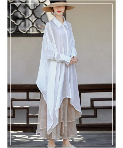 Women's Casual Cotton Linen High Low Irregular Hem Plus Size Long Button Down Shirt Dresses White $28.83 Blouses