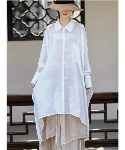 Women's Casual Cotton Linen High Low Irregular Hem Plus Size Long Button Down Shirt Dresses White $28.83 Blouses