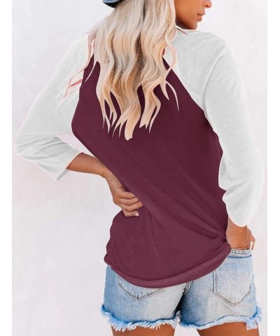 3/4 Sleeve T-Shirts Casual Color Block Cute Tops Baseball Blouses Wine Red $11.47 T-Shirts