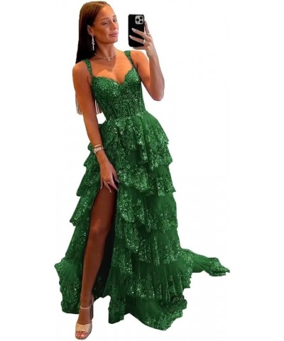 Sparkly Tiered Lace Tulle Prom Dresses Long 2024 Spaghetti Straps Formal Corset Evening Gown with Slit Emerald Green $41.80 D...