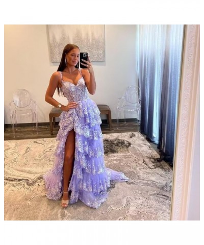 Sparkly Tiered Lace Tulle Prom Dresses Long 2024 Spaghetti Straps Formal Corset Evening Gown with Slit Emerald Green $41.80 D...