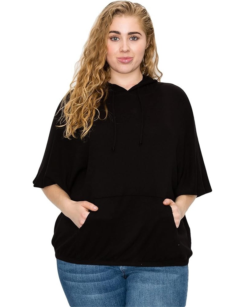 Women's Hoodie Pullover – Plus Size Thermal Casual Batwing Short Sleeve kangaroo Pocket Hooded Sweatshirt Top Black 2090x-kl ...