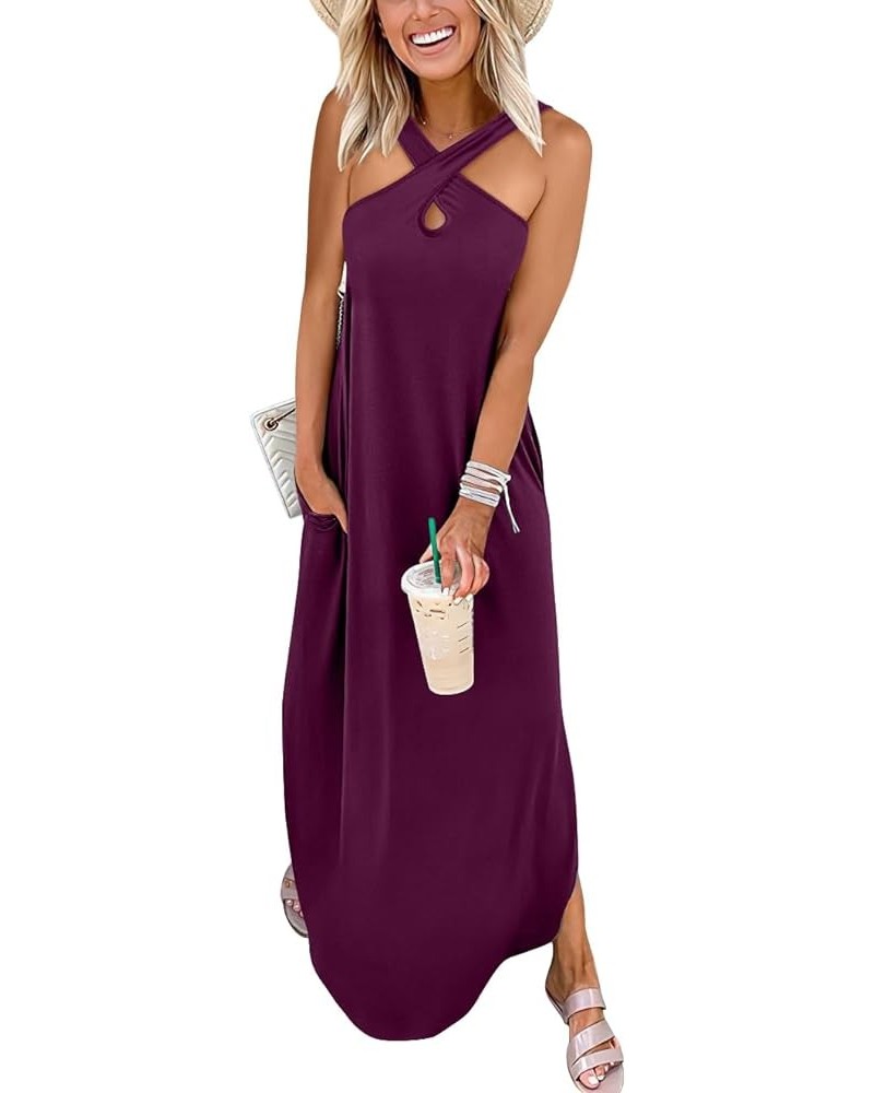 Women’s Casual Summer Maxi Dress Criss Cross Slit Side Sleeveless Loose Beach Long Sundress with Pockets Purple $14.26 Dresses