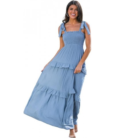 Women Pretty Smocked Cami Dress Adjustable Straps Summer Maxi Dresses Light Blue $20.70 Dresses