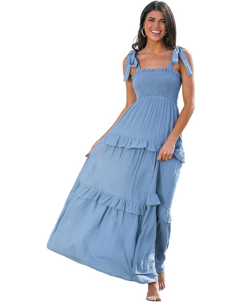 Women Pretty Smocked Cami Dress Adjustable Straps Summer Maxi Dresses Light Blue $20.70 Dresses