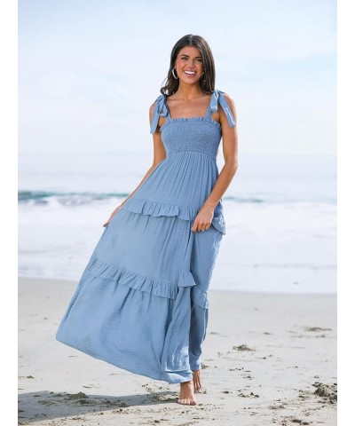 Women Pretty Smocked Cami Dress Adjustable Straps Summer Maxi Dresses Light Blue $20.70 Dresses