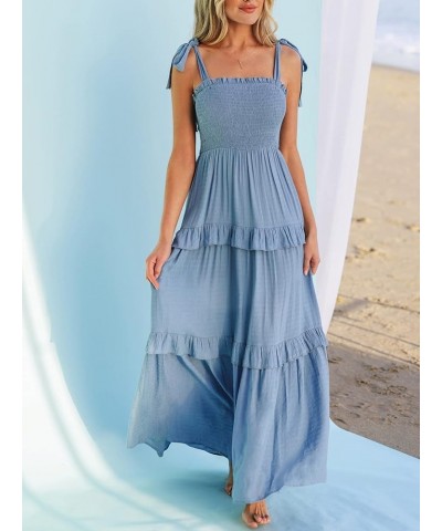 Women Pretty Smocked Cami Dress Adjustable Straps Summer Maxi Dresses Light Blue $20.70 Dresses