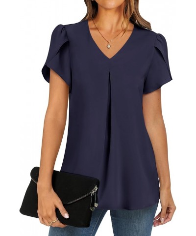 Women's Summer Casual V Neck Short Sleeve Shirts Cute Dressy Chiffon Tunic Tops Blouse Navy Blue $11.76 Blouses