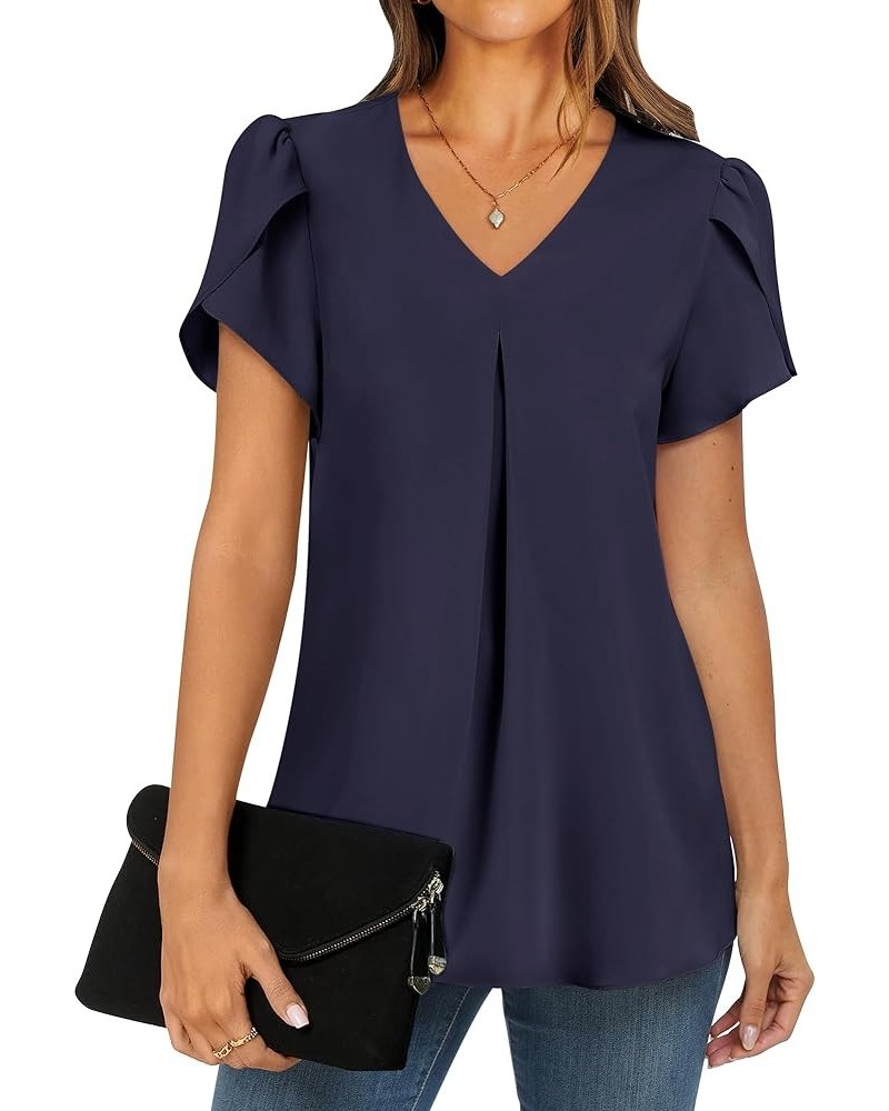 Women's Summer Casual V Neck Short Sleeve Shirts Cute Dressy Chiffon Tunic Tops Blouse Navy Blue $11.76 Blouses