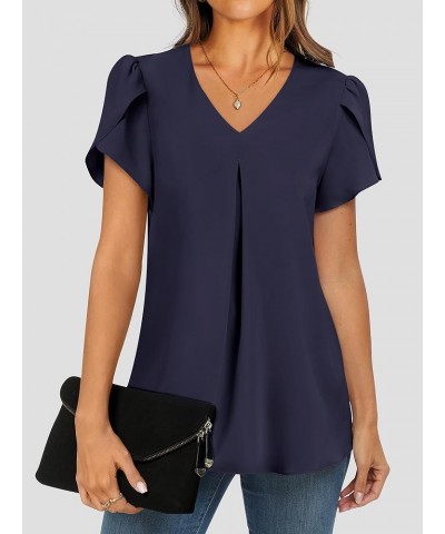 Women's Summer Casual V Neck Short Sleeve Shirts Cute Dressy Chiffon Tunic Tops Blouse Navy Blue $11.76 Blouses