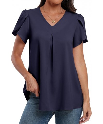 Women's Summer Casual V Neck Short Sleeve Shirts Cute Dressy Chiffon Tunic Tops Blouse Navy Blue $11.76 Blouses