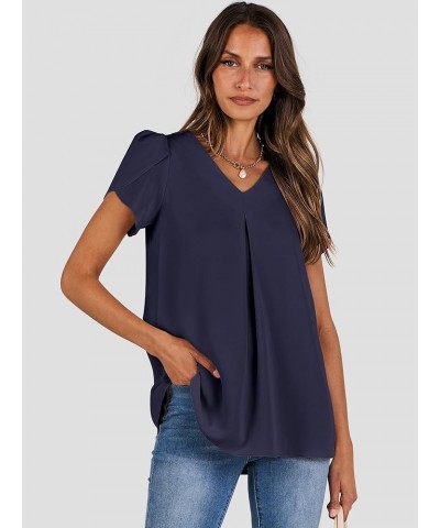 Women's Summer Casual V Neck Short Sleeve Shirts Cute Dressy Chiffon Tunic Tops Blouse Navy Blue $11.76 Blouses