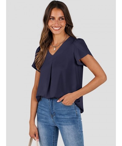 Women's Summer Casual V Neck Short Sleeve Shirts Cute Dressy Chiffon Tunic Tops Blouse Navy Blue $11.76 Blouses