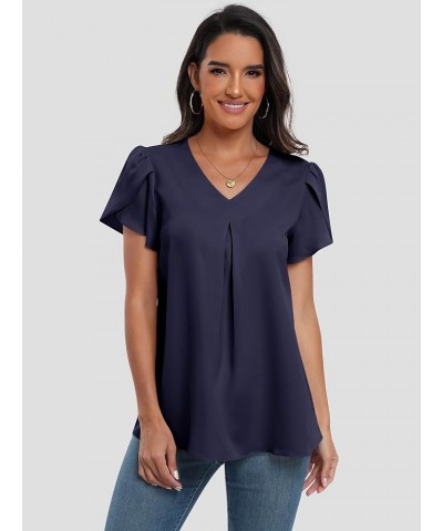 Women's Summer Casual V Neck Short Sleeve Shirts Cute Dressy Chiffon Tunic Tops Blouse Navy Blue $11.76 Blouses