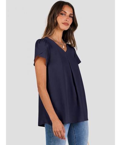 Women's Summer Casual V Neck Short Sleeve Shirts Cute Dressy Chiffon Tunic Tops Blouse Navy Blue $11.76 Blouses