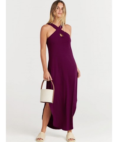 Women’s Casual Summer Maxi Dress Criss Cross Slit Side Sleeveless Loose Beach Long Sundress with Pockets Purple $14.26 Dresses