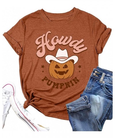 Howdy Pumpkin Shirt Women Western Halloween Tshirt Retro Vintage Pumpkin T-Shirt Cute Fall Tops Cowgirl Party Tee Orange $8.3...