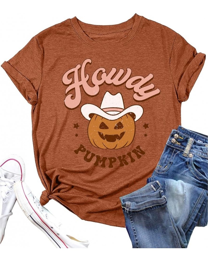 Howdy Pumpkin Shirt Women Western Halloween Tshirt Retro Vintage Pumpkin T-Shirt Cute Fall Tops Cowgirl Party Tee Orange $8.3...