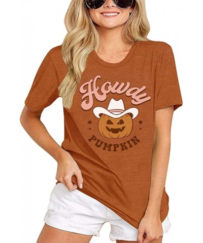 Howdy Pumpkin Shirt Women Western Halloween Tshirt Retro Vintage Pumpkin T-Shirt Cute Fall Tops Cowgirl Party Tee Orange $8.3...