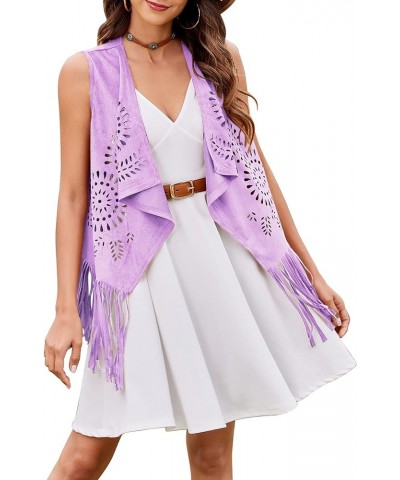 Fringe Vest Women Faux Suede Cowgirl Costume Open Lapel Tassel 70s Hippie Clothes S-XXL B-lavender $10.00 Jackets