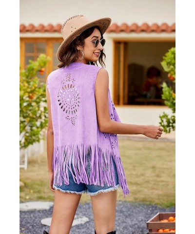 Fringe Vest Women Faux Suede Cowgirl Costume Open Lapel Tassel 70s Hippie Clothes S-XXL B-lavender $10.00 Jackets