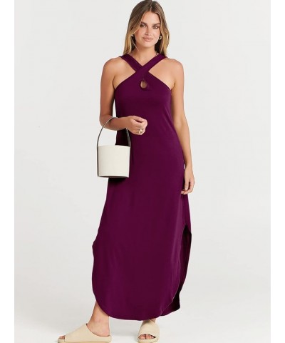 Women’s Casual Summer Maxi Dress Criss Cross Slit Side Sleeveless Loose Beach Long Sundress with Pockets Purple $14.26 Dresses