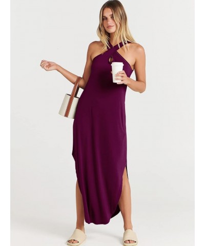 Women’s Casual Summer Maxi Dress Criss Cross Slit Side Sleeveless Loose Beach Long Sundress with Pockets Purple $14.26 Dresses