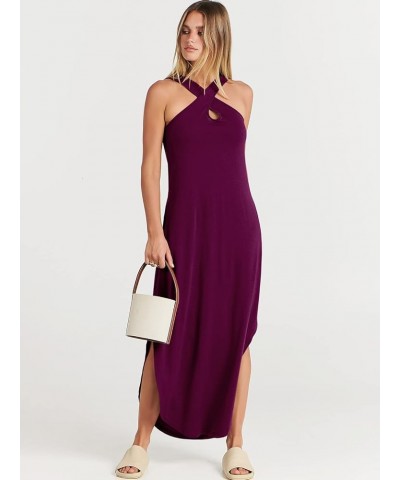 Women’s Casual Summer Maxi Dress Criss Cross Slit Side Sleeveless Loose Beach Long Sundress with Pockets Purple $14.26 Dresses